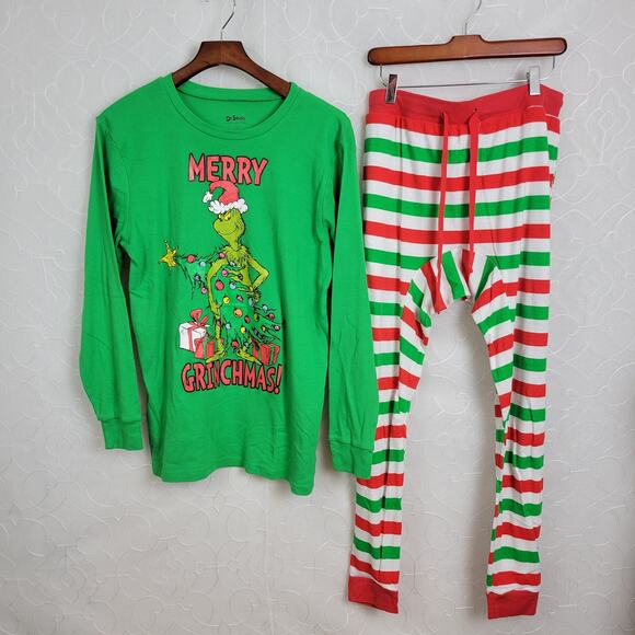 Dr. Seuss Other - Grinch Christmas Pajama Set Kids L Green Red Striped Holiday Lounge Sleepware